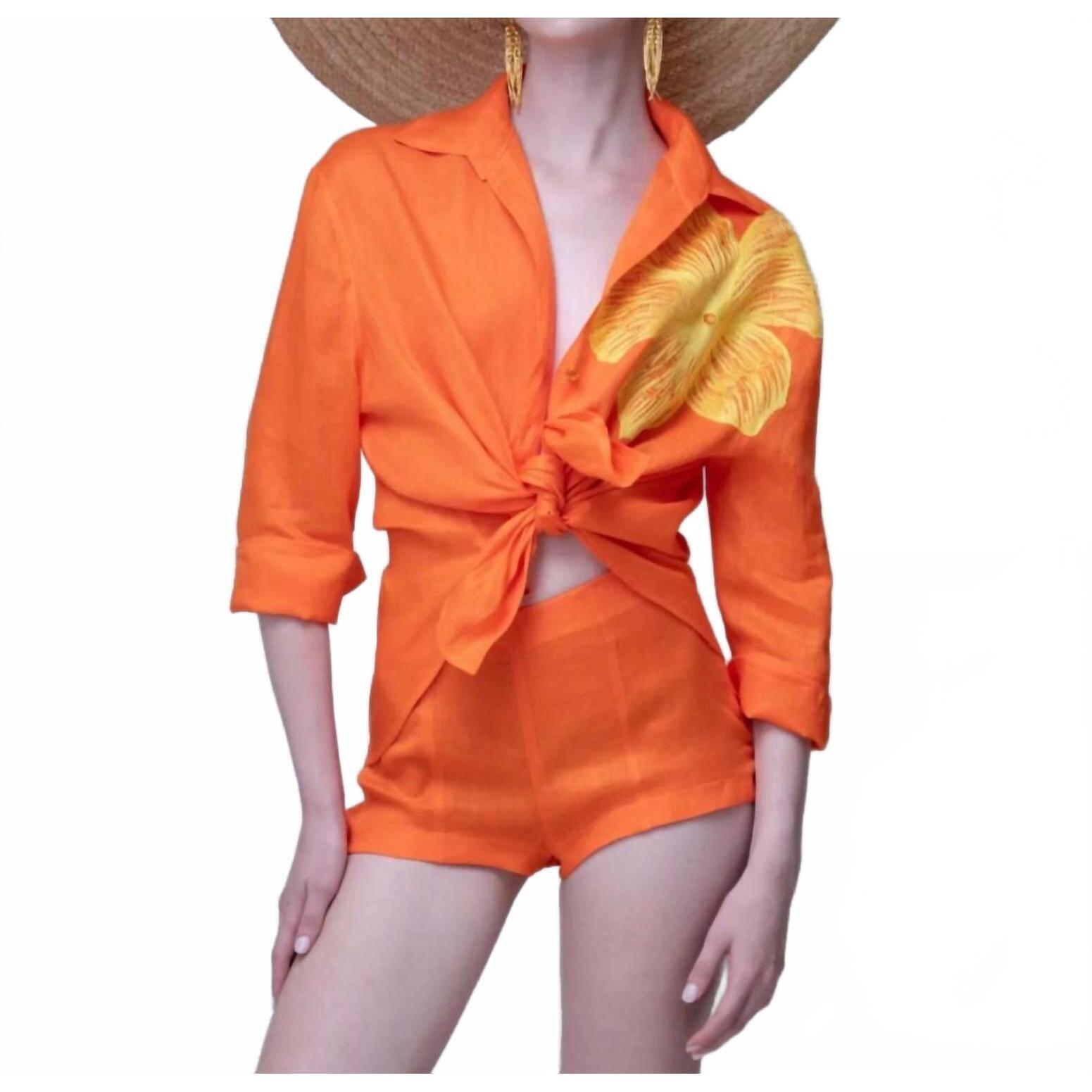 New Maison Zoulias Joanna Linen Shirt In Orange Yellow Flower